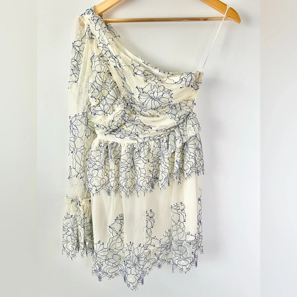 ALICE MCCALL || Isn’t She Lovely Blue and Cream Lace One Shoulder Mini Dress 2 - Picture 8 of 13